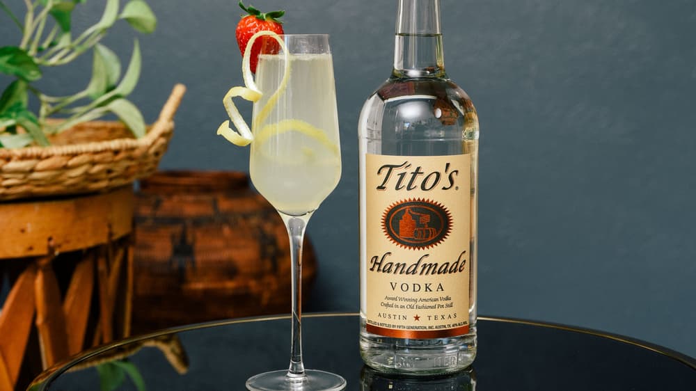 Tito's Toast cocktail and a Tito's Handmade Vodka bottle