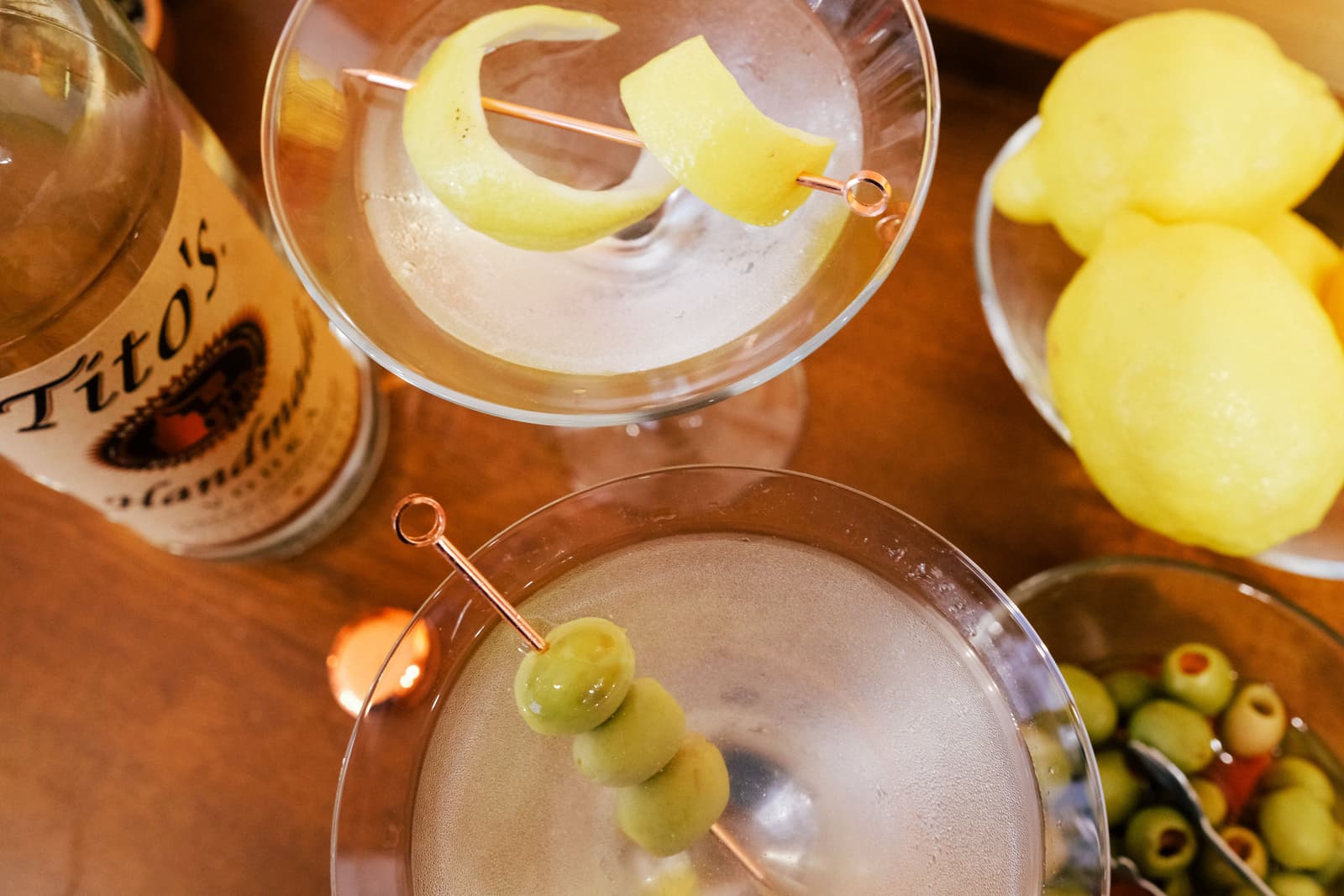 Tito's Vodka Martinis on a bar top