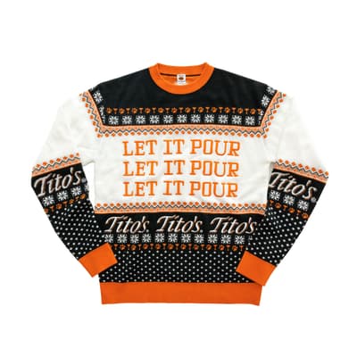 Tito's Kinda Ugly Sweater that reads "let it pour"