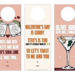 Three printable Valentine's Day themed hang tags for Tito's Handmade Vodka bottles.