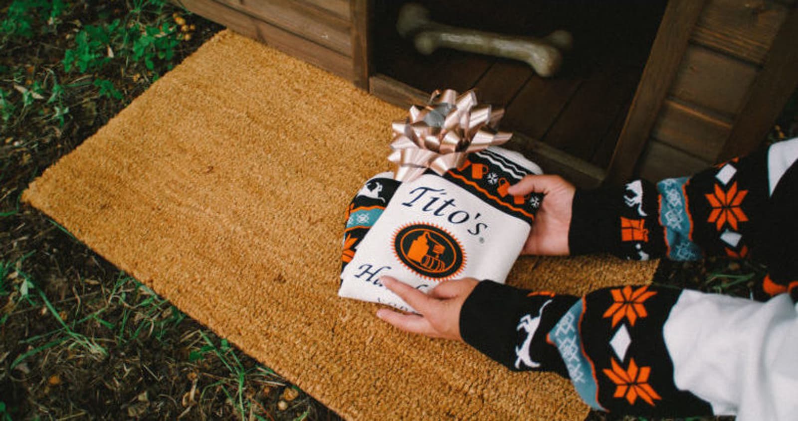 Ugly Sweater for Dogs on a doorstep