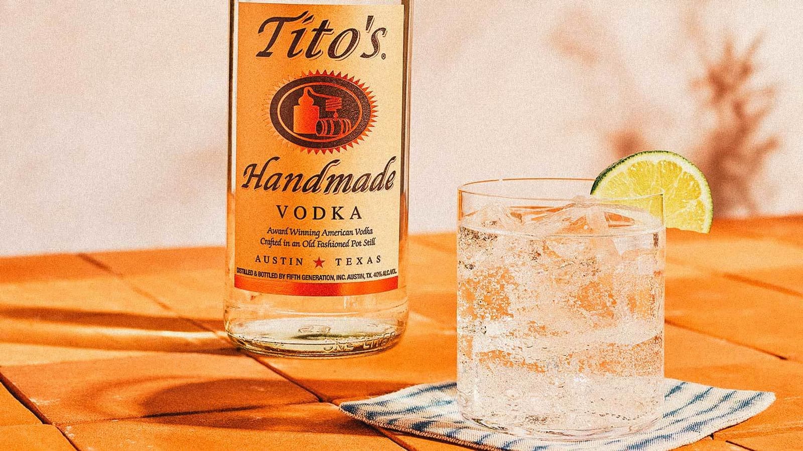 Tito's soda lime and a bottle of Tito's Handmade Vodka