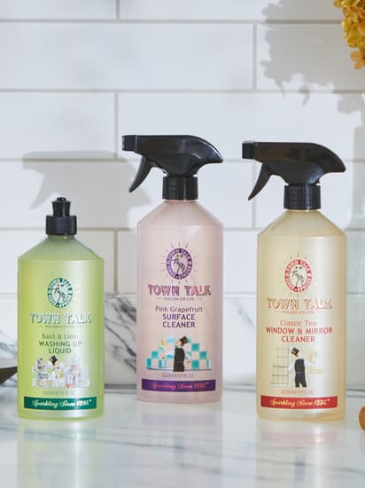 Town Talk household cleaning products, including washing-up liquid and glass cleaner.