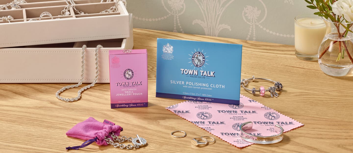 Silver polishing cloth and silver storage pouch from Town Talk's silver care product range
