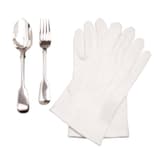 Town Talk silversmith's gloves with silver cutlery