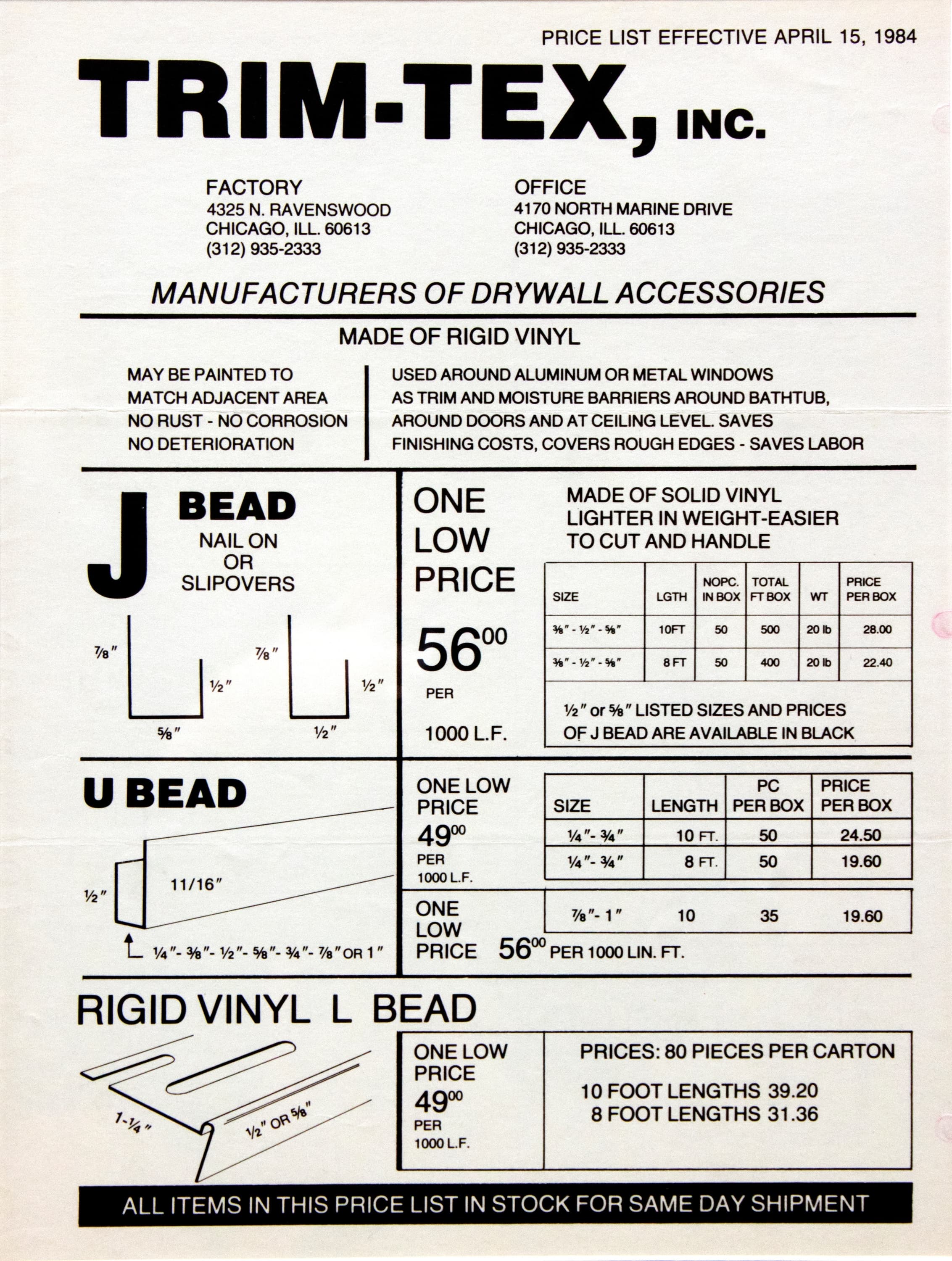An original price list from Trim-Tex in 1984.