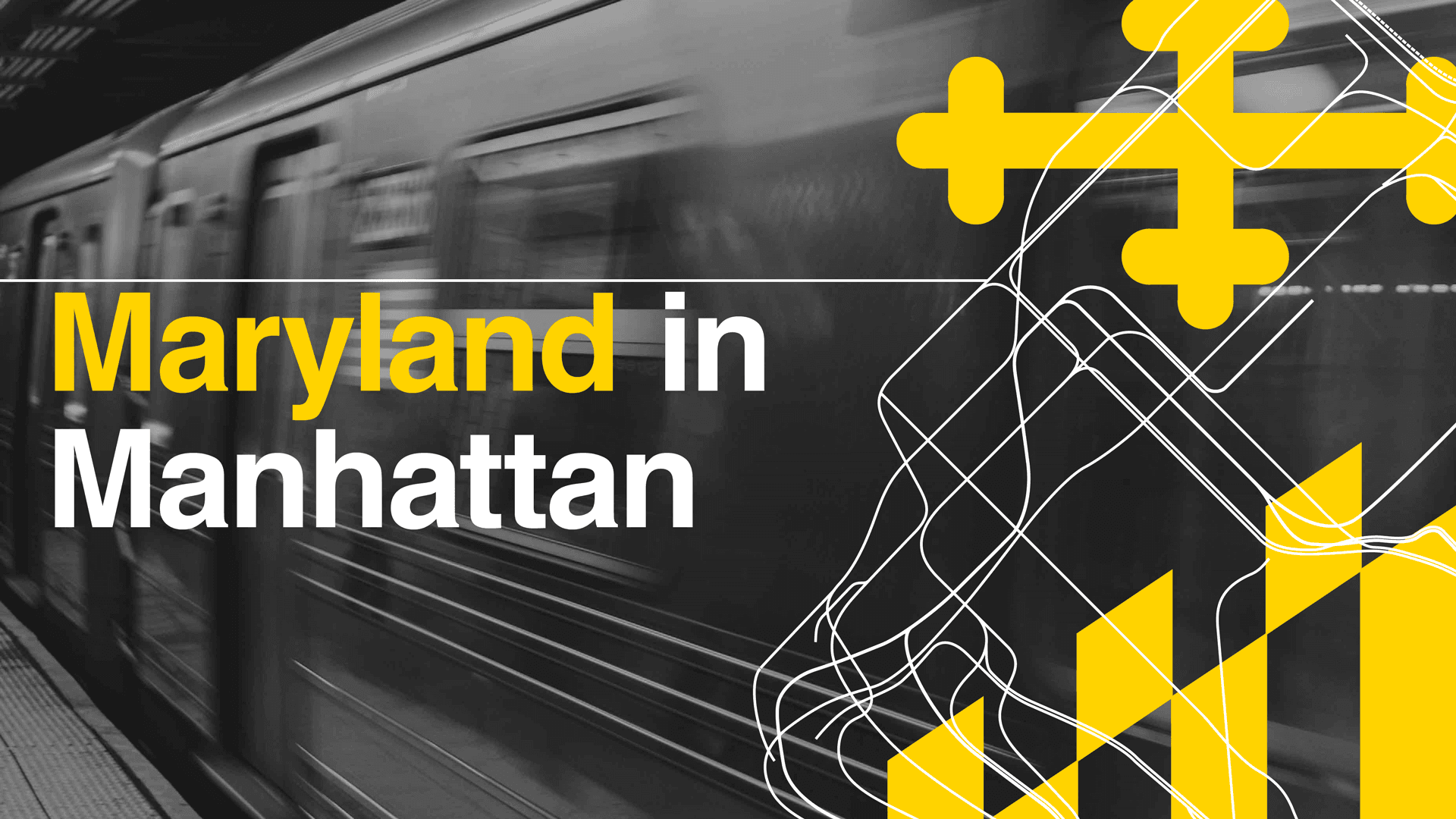 Maryland in Manhattan event title with NYC subway car, NYC subway mao and the Maryland state flag