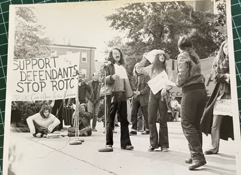 Student demonstration on the library steps in the early 1970s