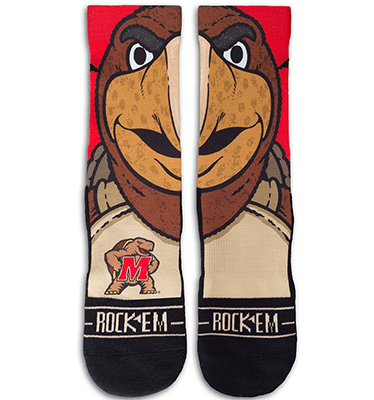 Caricatures of the Muscle Testudo Logo printed across a pair of crew socks