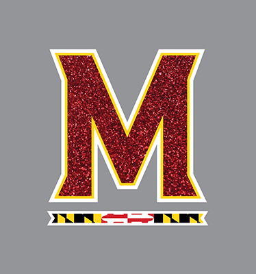 The M in the M-bar logo is filled in with a marbled red pattern, the underlining bar still uses the Maryland Flag.