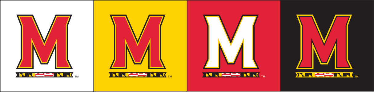4 versions of the M style University of Maryland logo. each version uses a different background color from the University of Maryland core colors