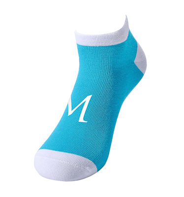 Example of a prohibited attempt at making a logo using incorrect font and off-brand color printed on a sock