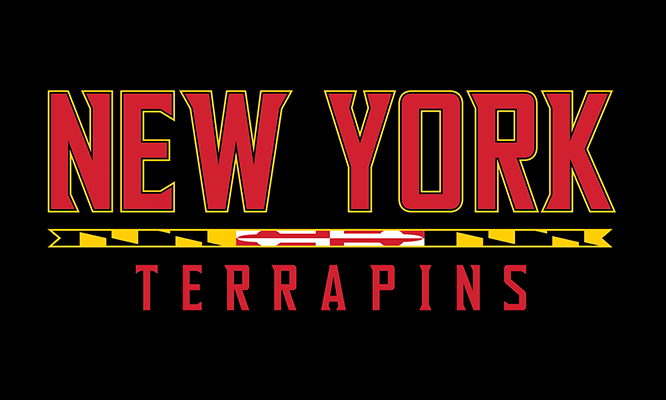 Exampled of prohibited use of the Terra-font, where the text reads "New York", with the word "Terrapins" in a smaller font under the maryland flag bar.