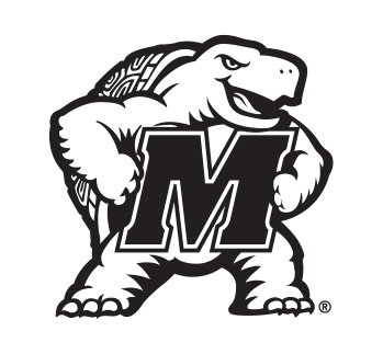 Logo in black and white known as "Muscle Testudo" where the caricature of a muscular diamondback terrapin stands on their hind legs, while holding a large M for Maryland