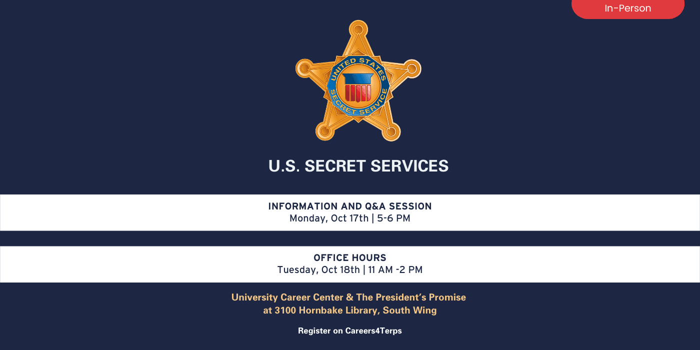 A promotional banner for, "U.S. Secret Service: Information & Q&A Session". Blue Background with two white rectangles that enclose the text which holds information about this event and the next.
