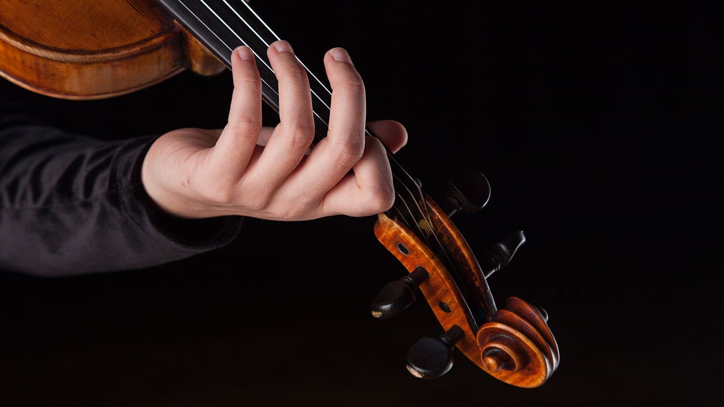 A person's fingers rest on the strings of a violin's neck.