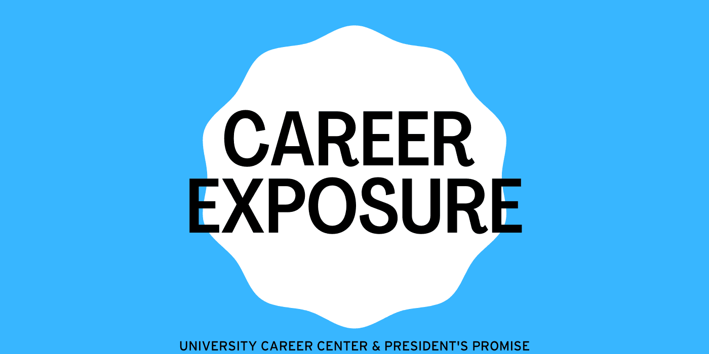 Promotional Image with blue background. White circular cloud shape with black text inside that says, "Career Exposure".