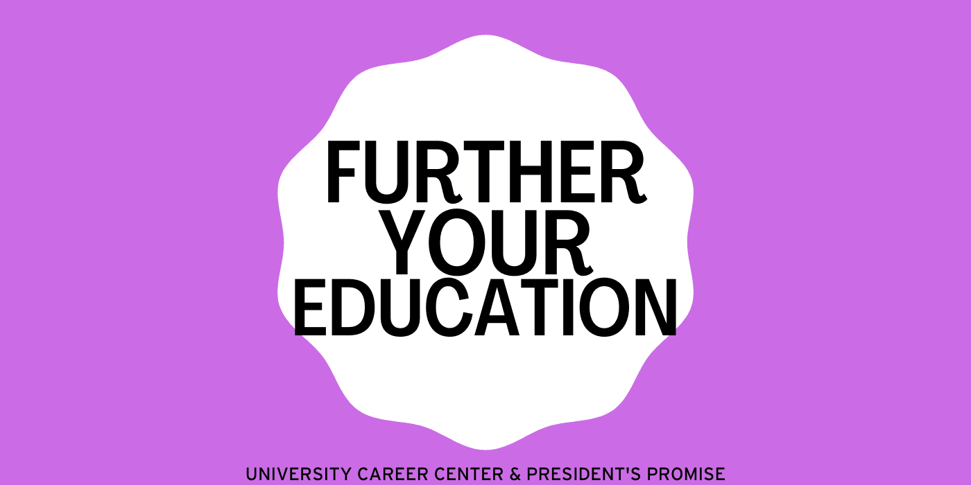 Photo that says, "Further Your Education". Has a purple background with big white cloud shape surrounding bolded black letters.