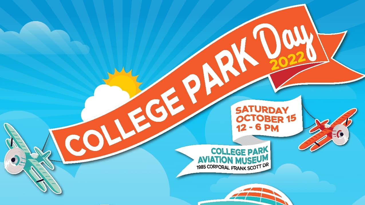 College Park Day Flyer with planes, hot air balloons on a blue background