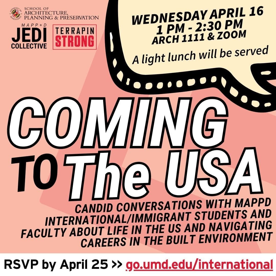 Flyer title Coming to USA: Candid Conversation with International/Immigrant Students and Faculty at MAPPD