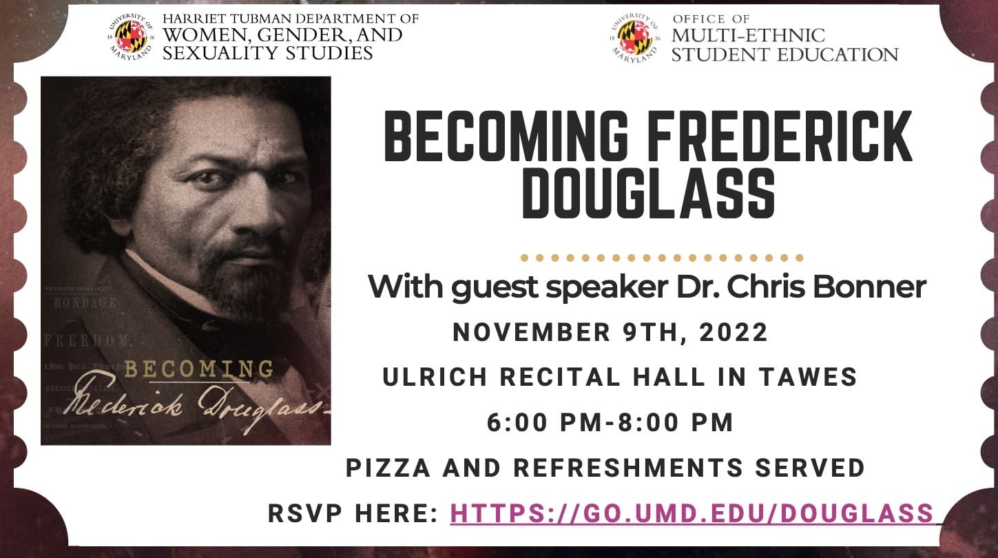 Movie ticket design with the movie poster and screening details for Becoming Frederick Douglass