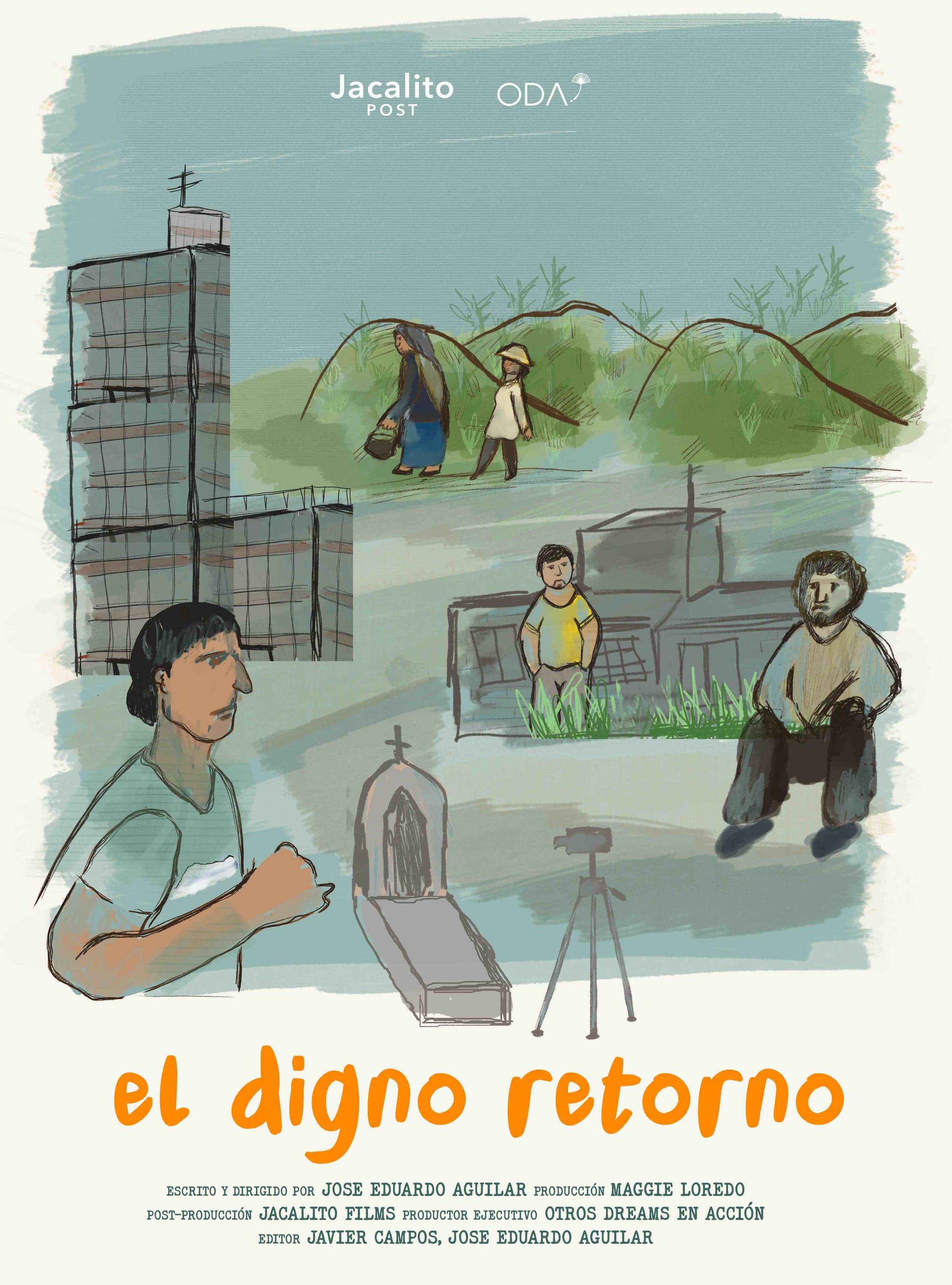 The poster for the documentary, El Digno Rertorno. Shows five people in different landscapes.