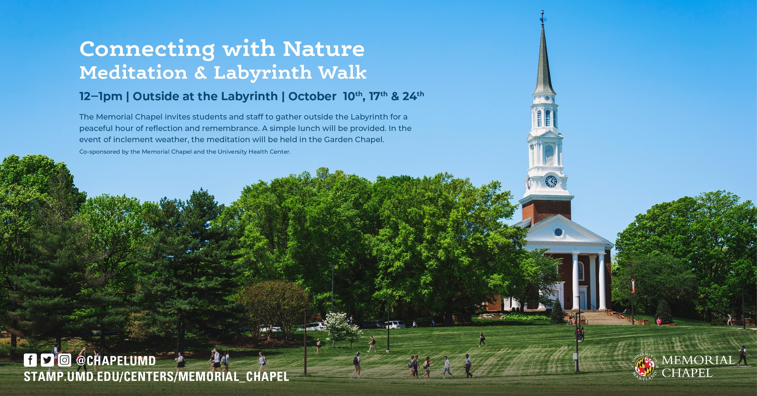 Photograph of memorial chapel and lush green trees, with event details at the image text.