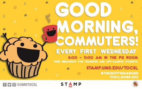 Good Morning Commuters event announcement taking place every first Wednesday from 8 AM to 11 AM in the PG room.