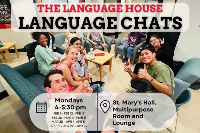 Thumbnail picture of the Language Chats flyer with picture of students at conversation table