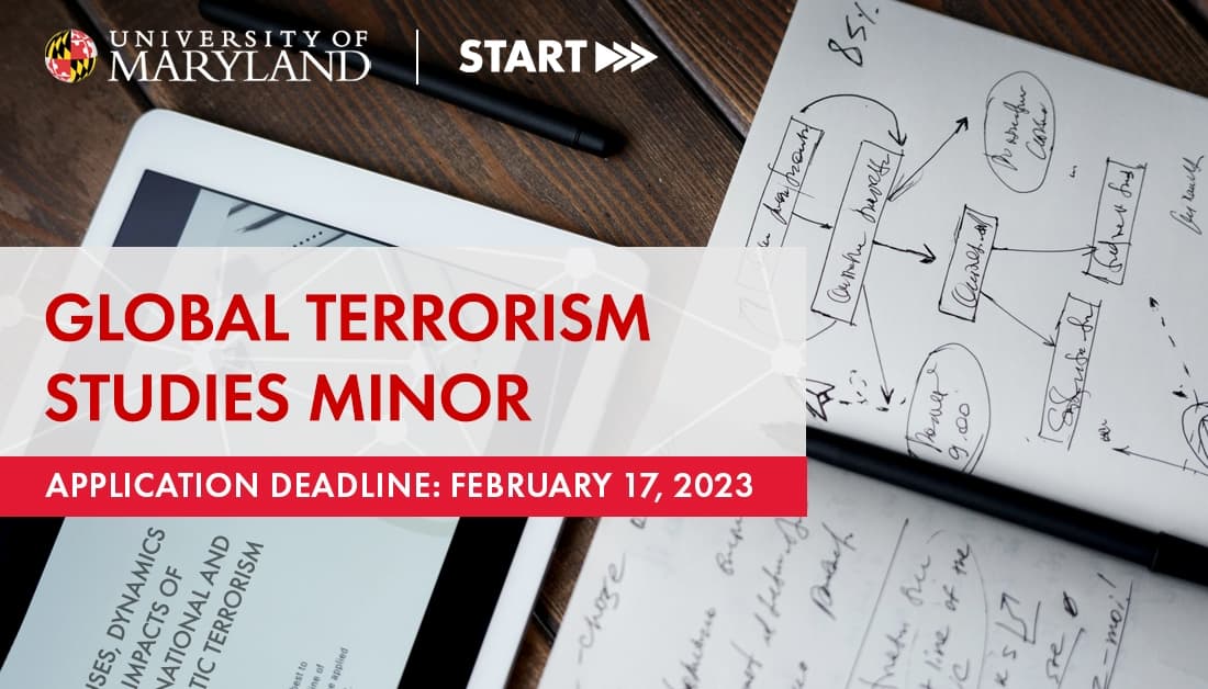 iPad and papers on wooden table with text Global Terrorism Studies Minor Application Deadline: February 17, 2023