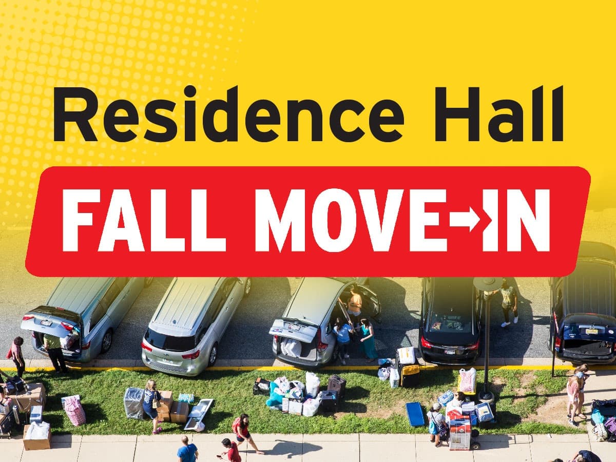 Residence Hall move-in cars with students unloading belongings