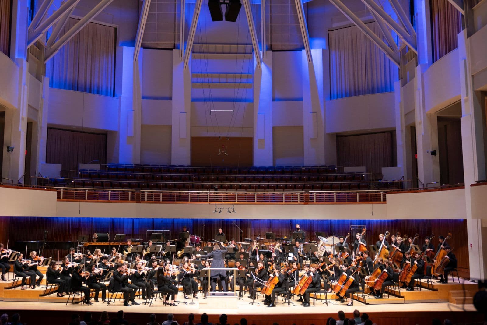 An orchestra performs on stage.