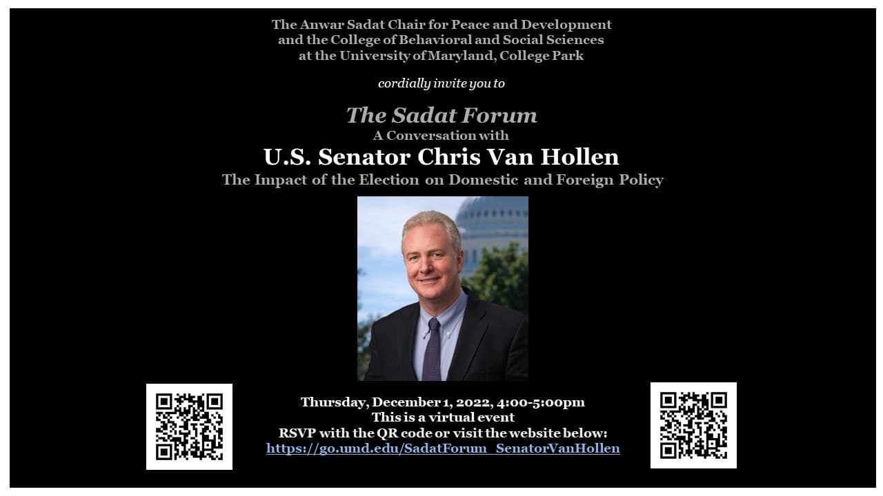 sadat forum conversation with senator chris van hollen event flyer