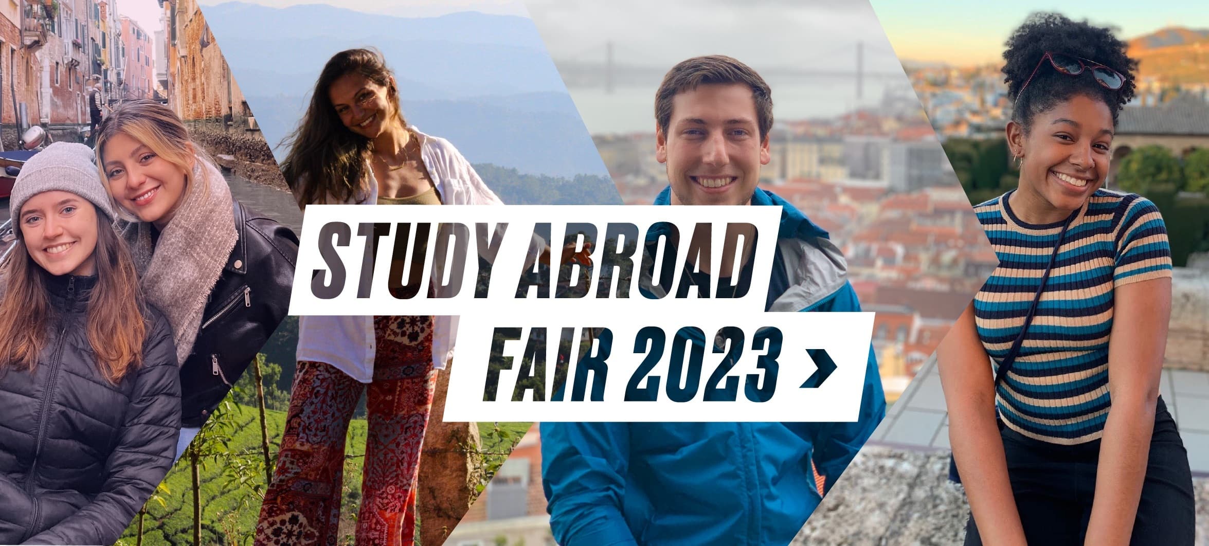 Four picture collage of students studying abroad in different parts of the world, including Venice, Bali, Copenhagen and France. The words "Study Abroad Fair 2023" is superimposed over the images.