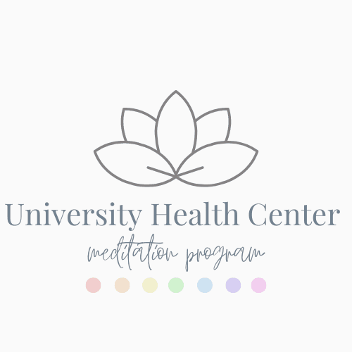 Icon of a lotus with the text University Health Center meditation program underneath. At the bottom of the logo is seven small circles in a rainbow colors in a horizontal line.