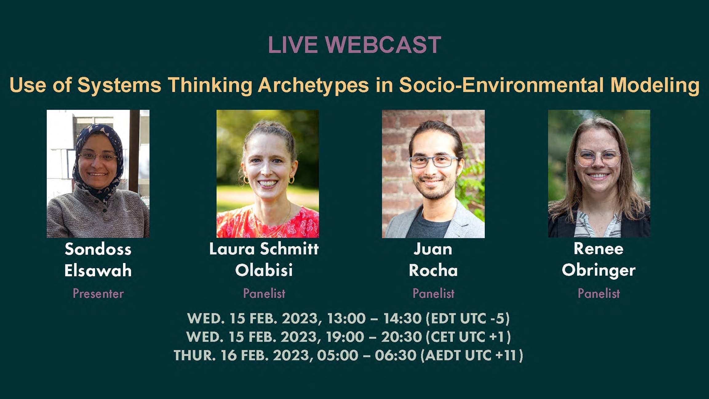 An image showing photos of the four speakers, Sondoss Elsawah, Laura Schmitt Olabisi, Juan Roch, and Renee Obringer with the text: Live Webcast, Use of Systems Thinking Archetypes in Socio-Environmental Modeling