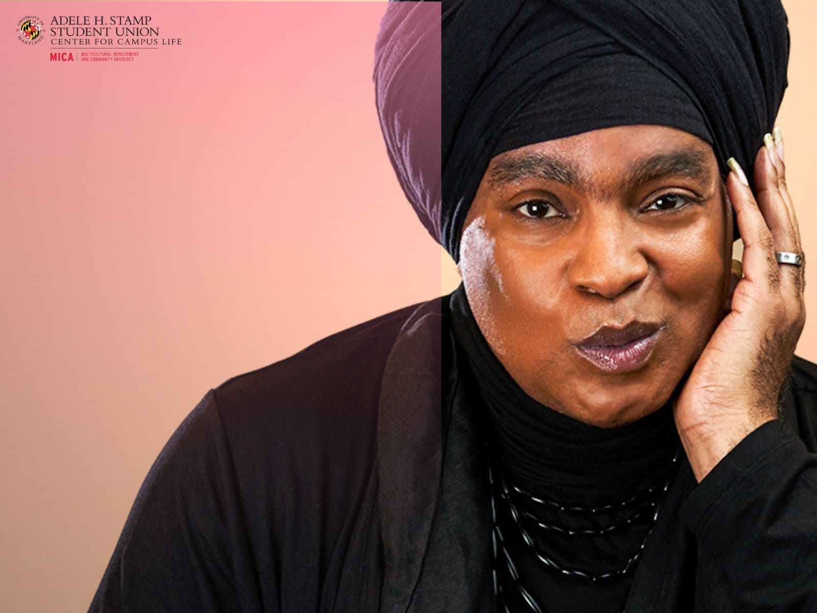 headshot of dark-skinned figure smizing at the camera, wearing a black outfit and a black turban, posing with their left hand against their face showing manicured nails and a silver ring. The text reads "Tuesday, April 4. Dinner at 7:30; Program at 8. Stamp Grand Ballroom. stamp.und.edu/pride. Announcing our Pride Month 2023 Keynote Speaker Rayceen Pendarvis."