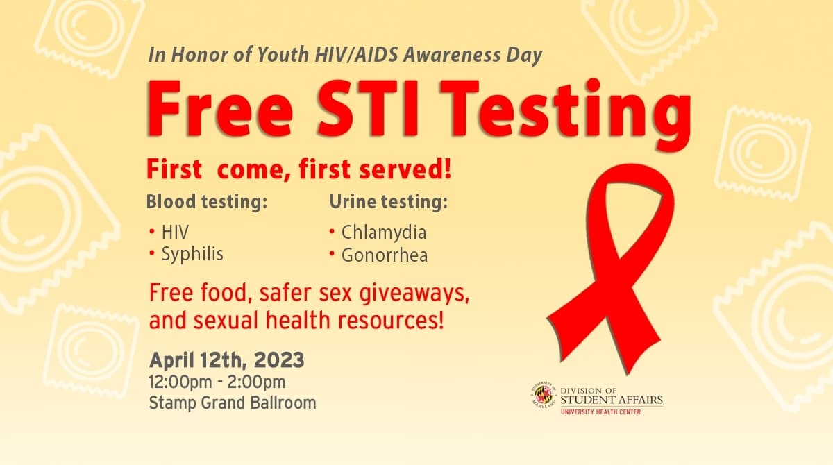 Yellow graphic with white condom outlines and a red HIV/AIDS awareness ribbon and text with the event details
