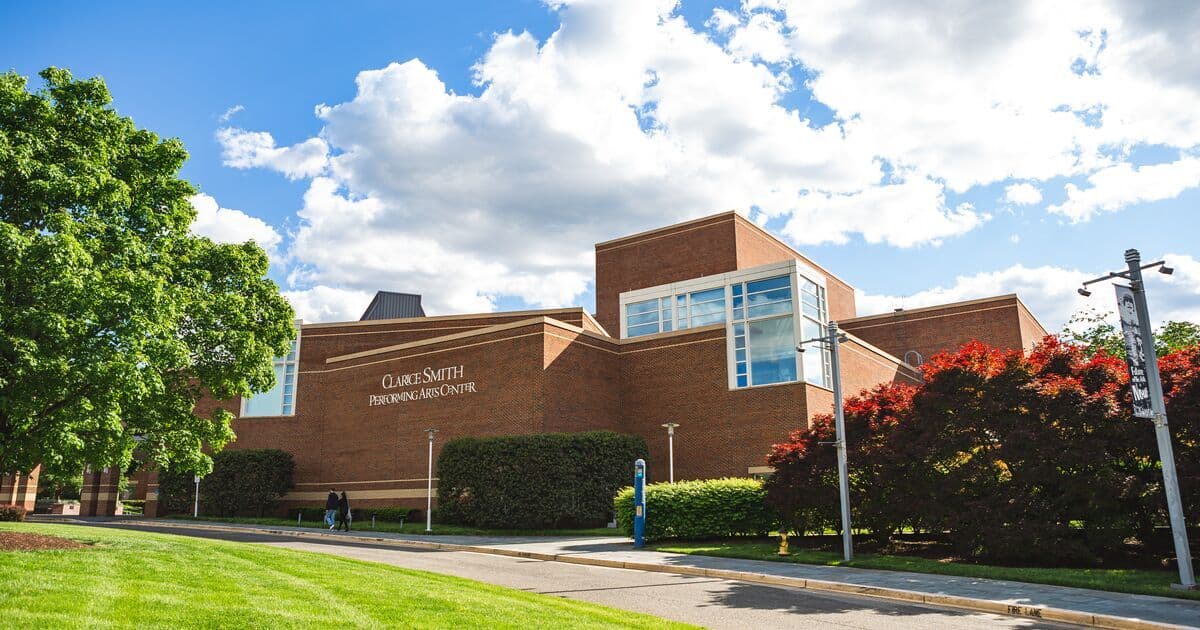 View of the Clarice Center for Performing Arts building outside on a sunny day.