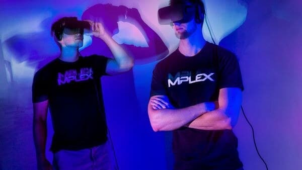 Studio portrait of Michael Sorokin ’18 and Galen Stetsyuk ’20, CTO (Sorokin) and CEO (Stetsyuk) of MPLEX, an augmented and virtual reality gaming company