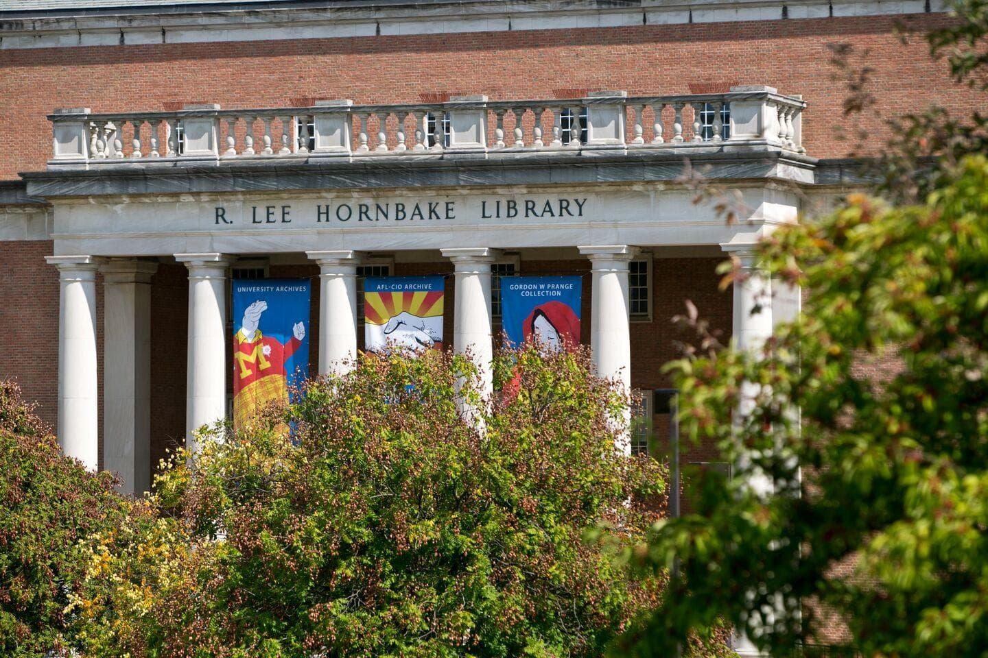 Front exterior columns of Hornbake Library as seen from afar, blurred treetops in the foreground