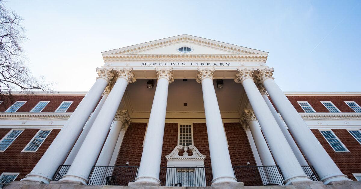 View looking up towards the front exterior of McKeldin Library.