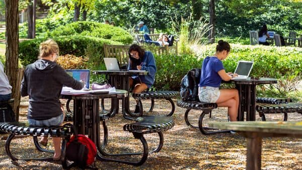 Students studying on the tables outdoors in Hornbake Plaza underneath the trees.