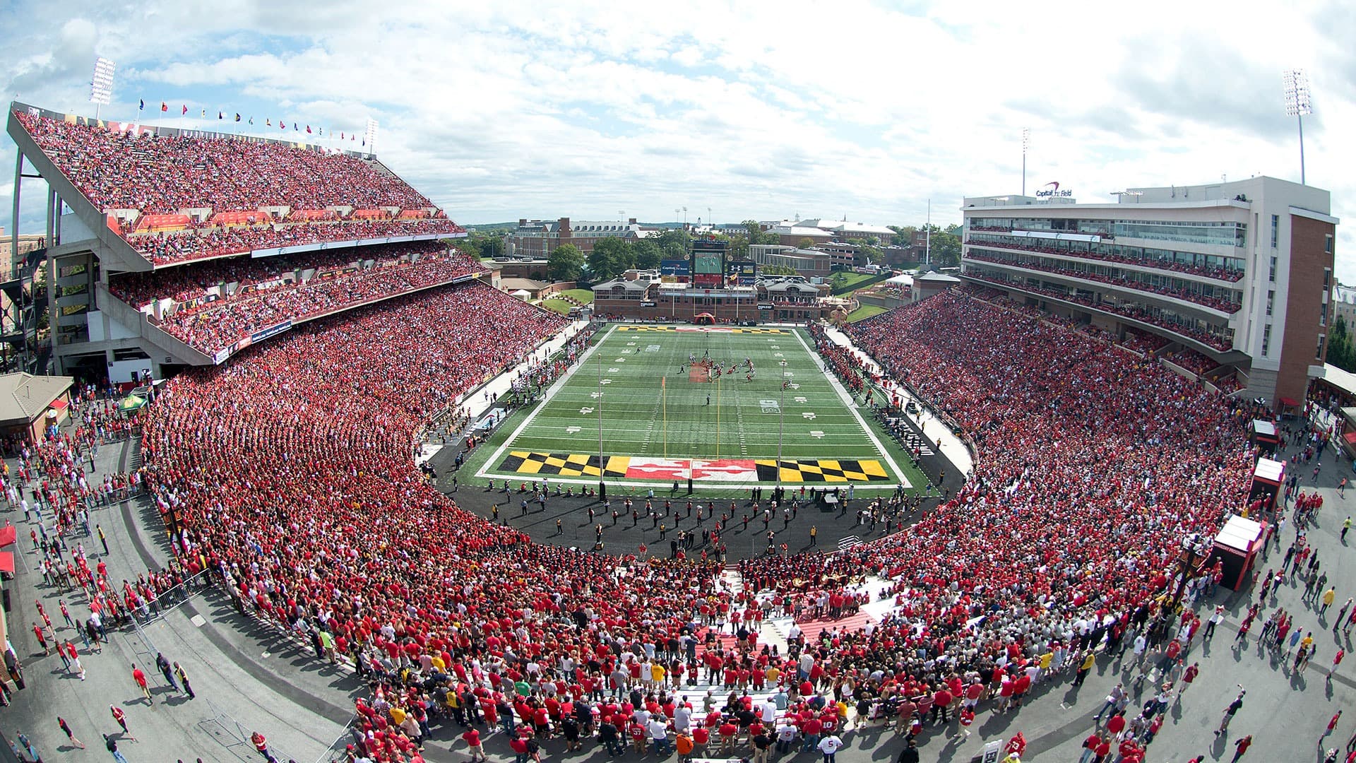Bird's-eye view of Maryland Stadium packed with fans for a football game