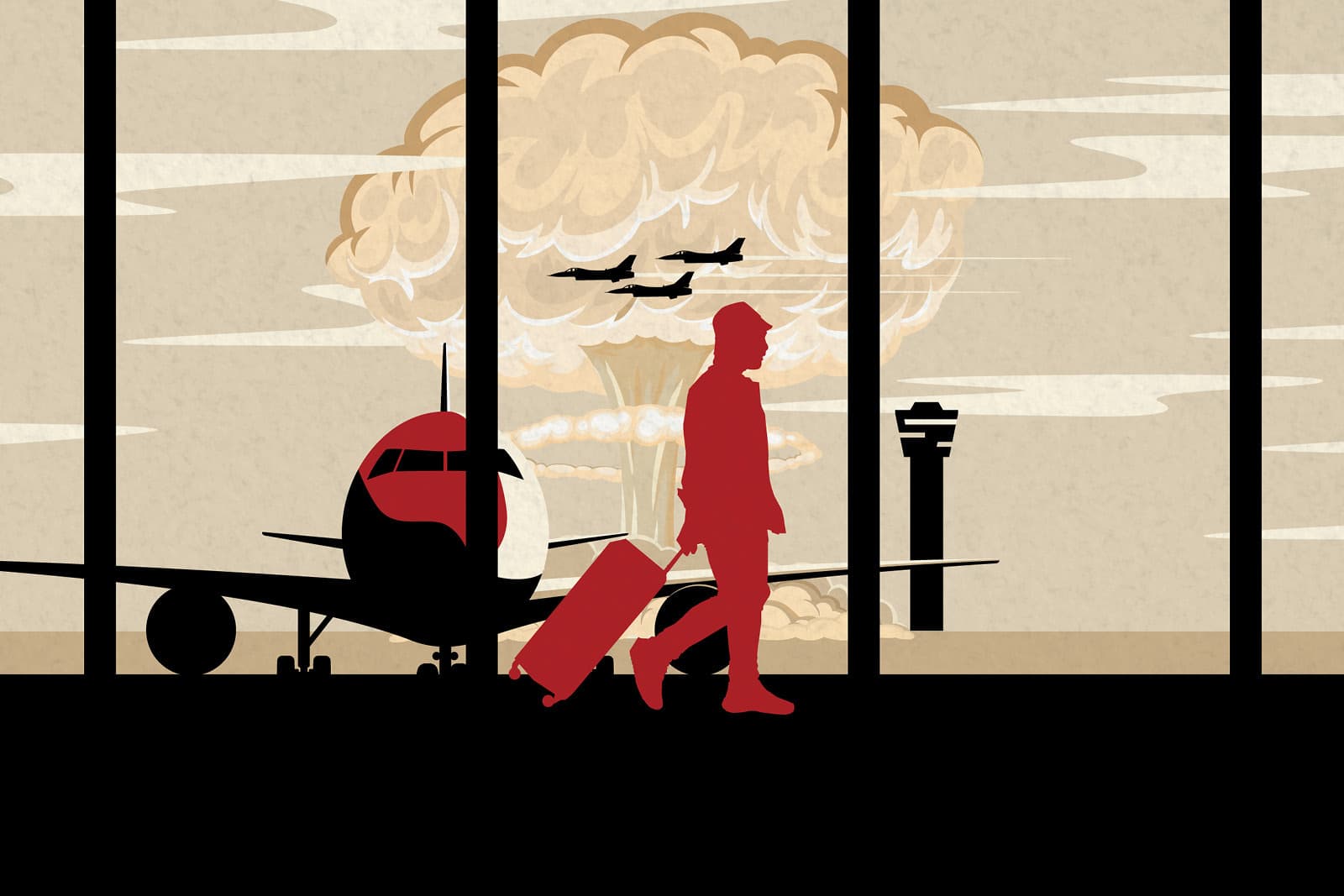 Man with suitcase walks past grounded plane with mushroom cloud and flying jets in the background