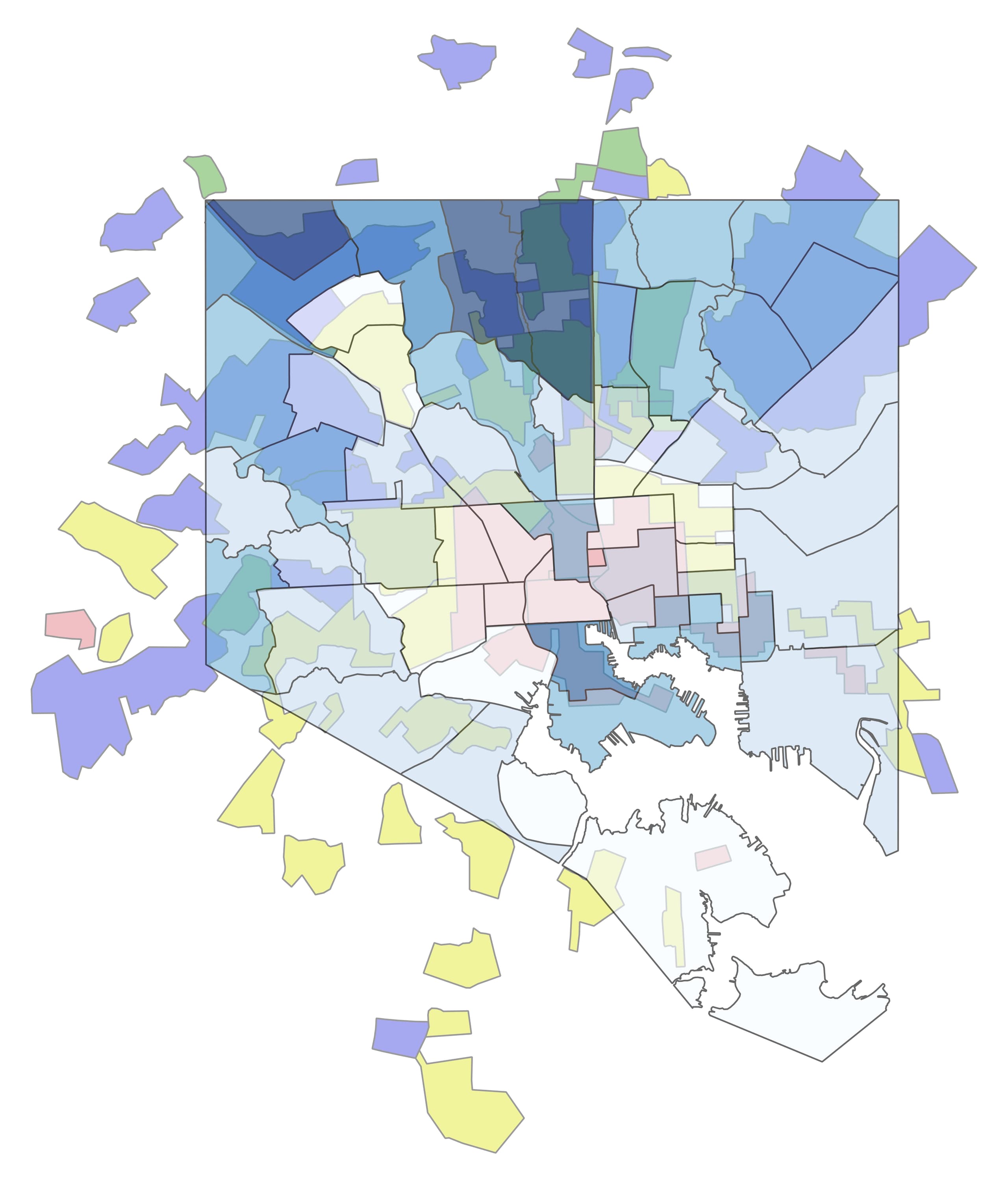 image ofBaltimore CSAs’ life expectancy overlaid on top of HOLC redlining map