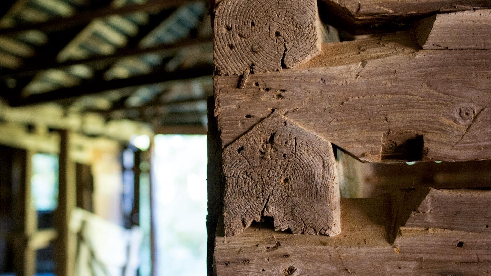 closeup showing wood detail in tobacco barn
