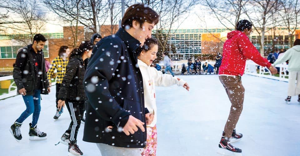 Students ice skate on temporary rink at La Plata Beach