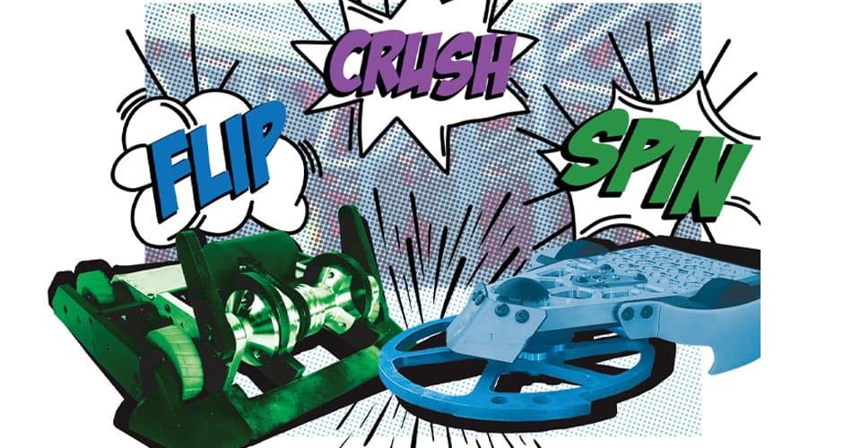 combat robots with "FLIP," "CRUSH" and "SPIN" written in comic book-style