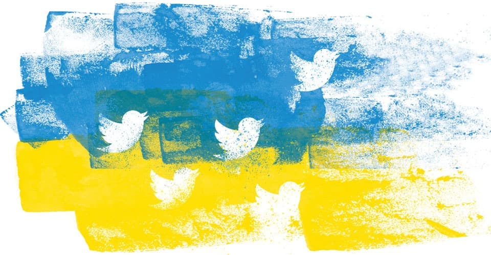 Painting of Ukraine flag colors with Twitter birds
